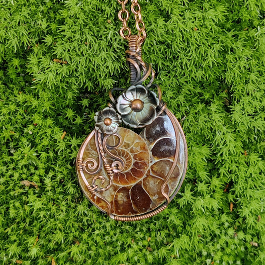 Ammonite Fossil with flowers in Copper Pendant Necklace