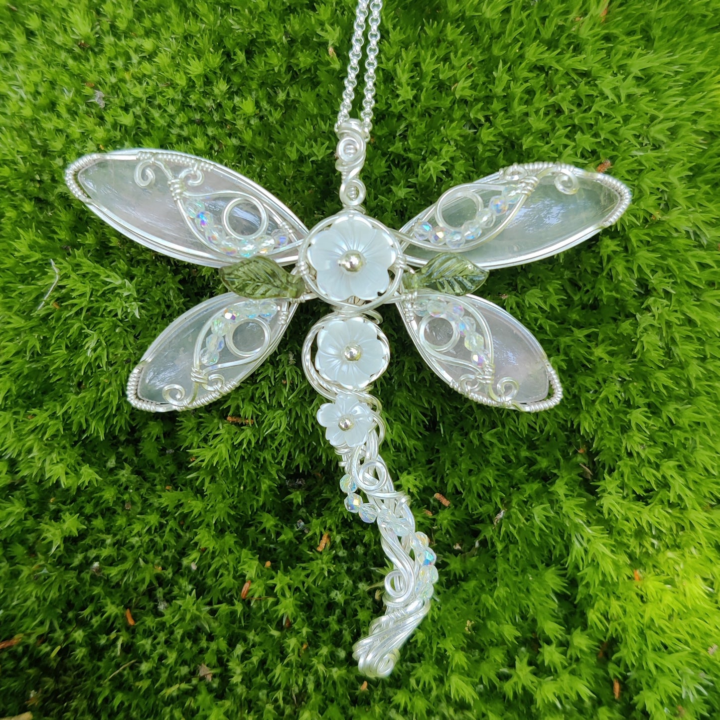 Rose Quartz in Sterling Silver Flowered Dragonfly Pendant Necklace