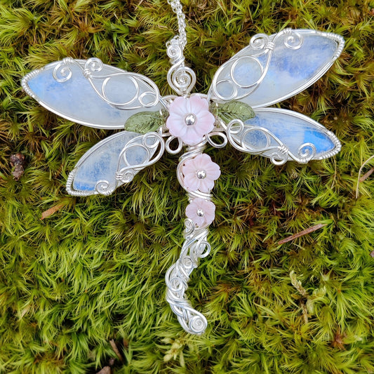 Apple Blossom Rainbow Moonstone Dragonfly in Sterling Silver Pendant Necklace