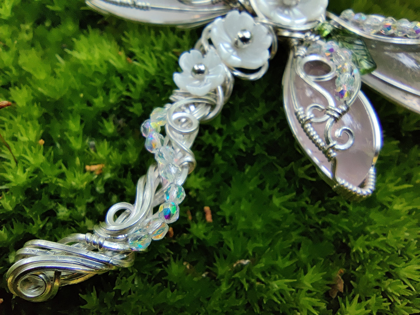 Rose Quartz in Sterling Silver Flowered Dragonfly Pendant Necklace