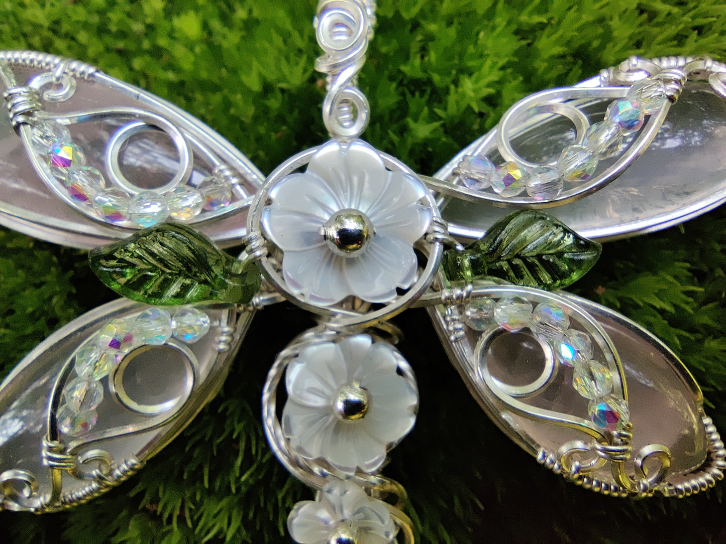 Rose Quartz in Sterling Silver Flowered Dragonfly Pendant Necklace