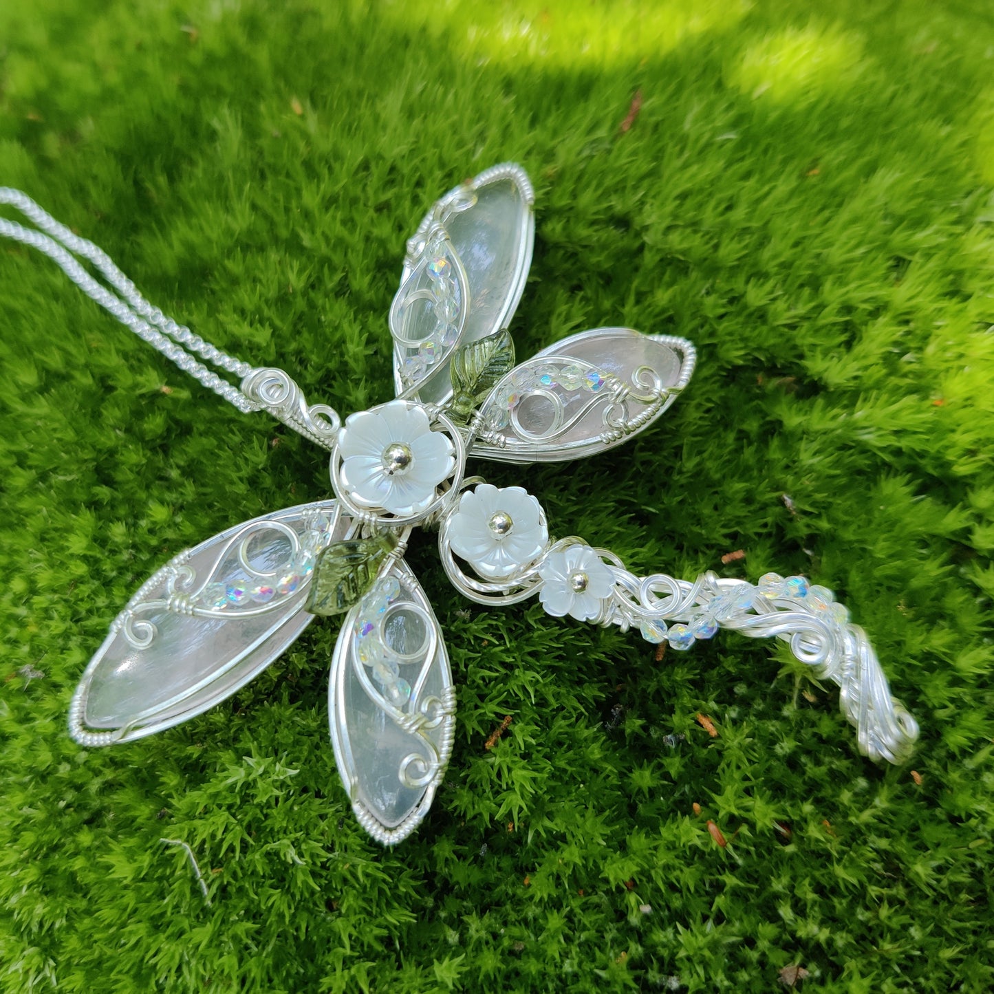 Rose Quartz in Sterling Silver Flowered Dragonfly Pendant Necklace