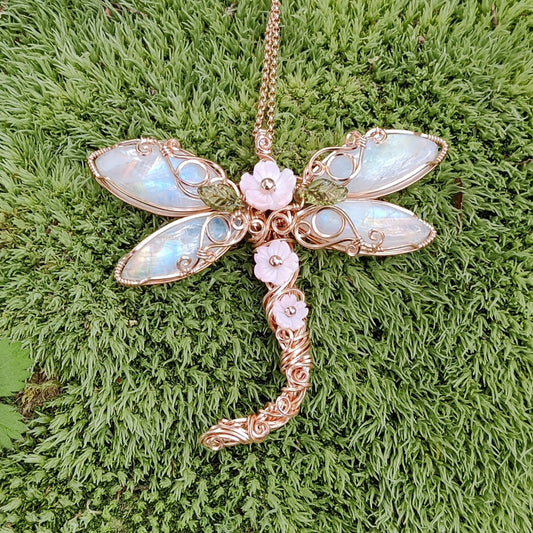 Apple Blossom Rainbow Moonstone Dragonfly in 14k Rose Gold Fill Pendant Necklace