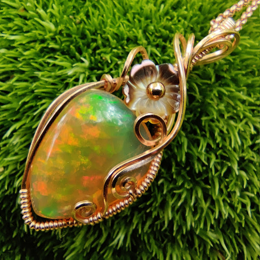 9.65 ct Natural Ethiopian Opal with flower in 14k Rose Gold Fill Pendant Necklace