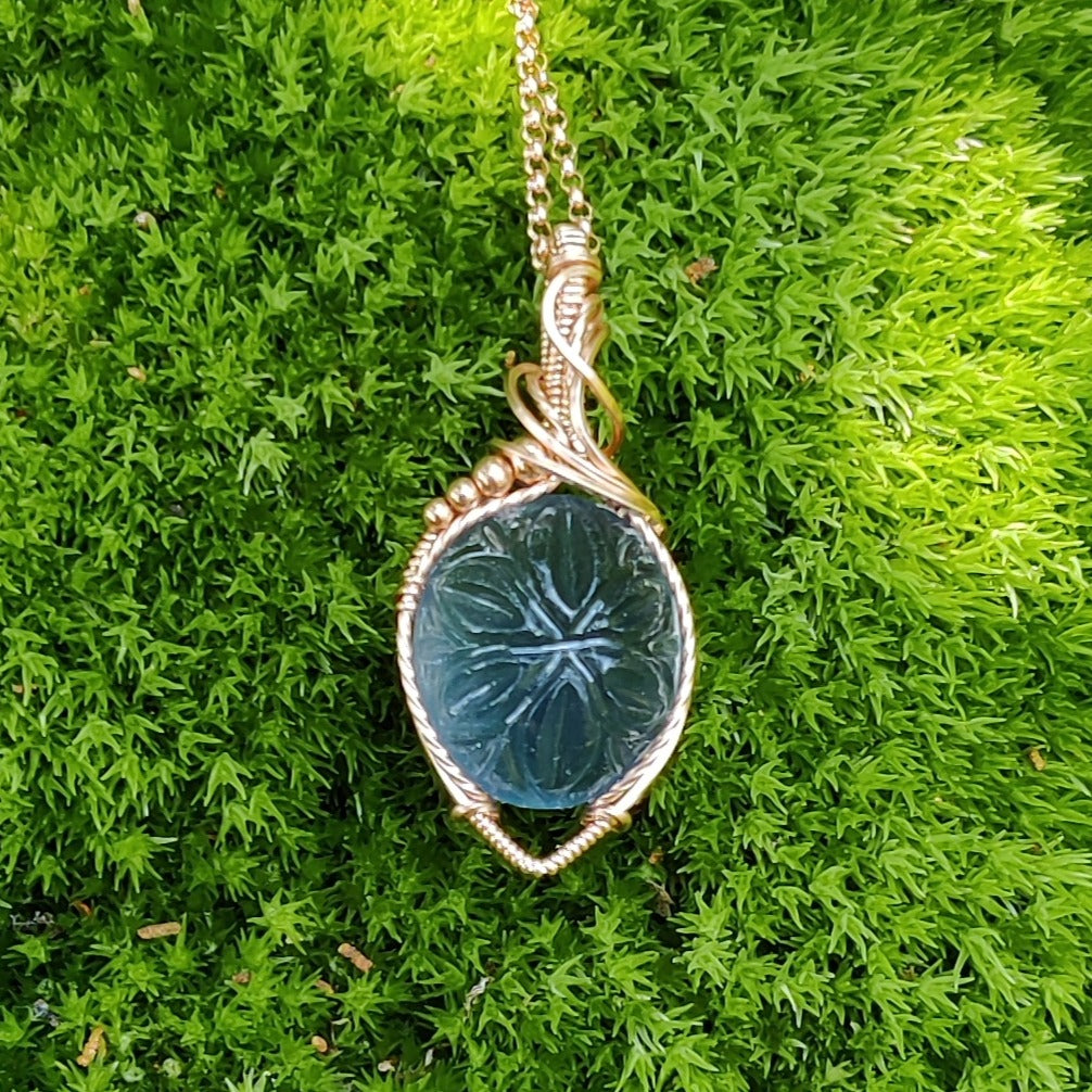 Carved Belgian Teal Fluorite in 14k Rose Gold FIll Pendant Necklace