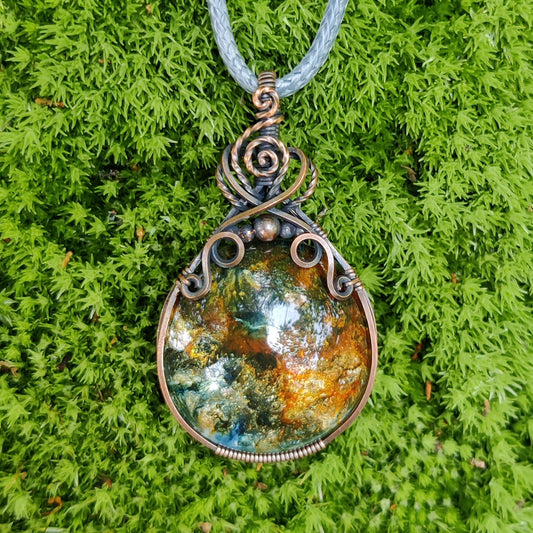 Hand Painted Glass in Copper Pendant Necklace