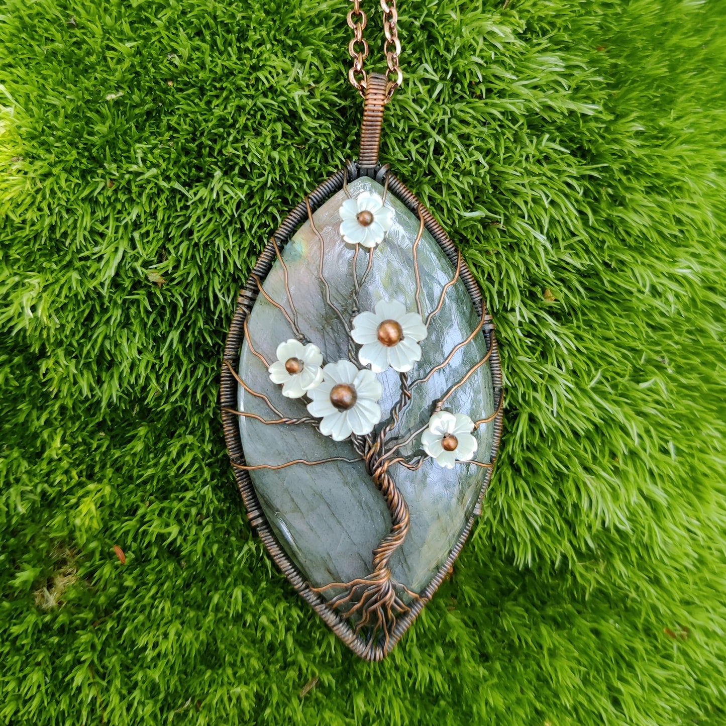 Labradorite and Mother of Pearl Flowering Tree Pendant Necklace