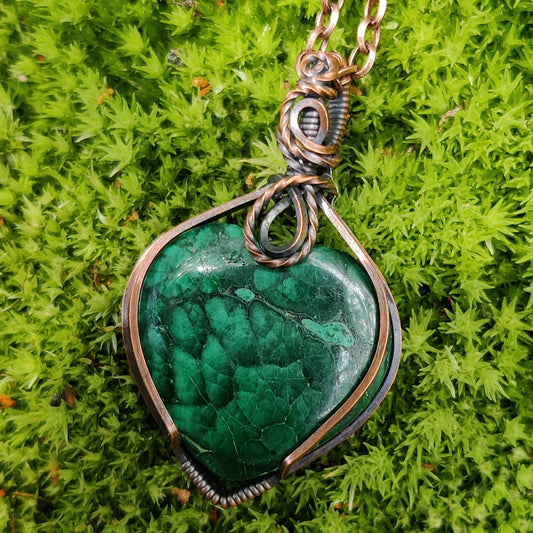 Malachite Heart in Copper Pendant Necklace