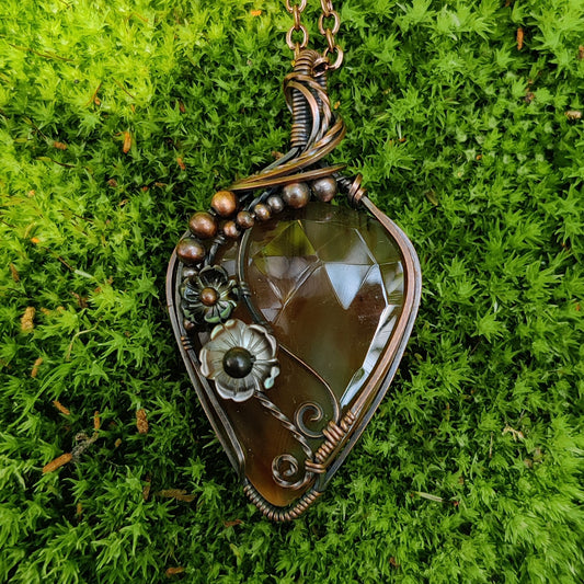 Montana Agate with flowers in Copper Pendant Necklace