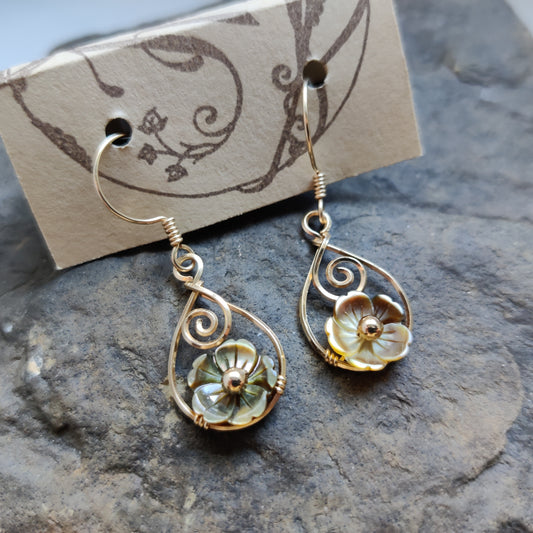 Coriolis Earrings in 14k Gold Fill with Black Mother of Pearl Flowers