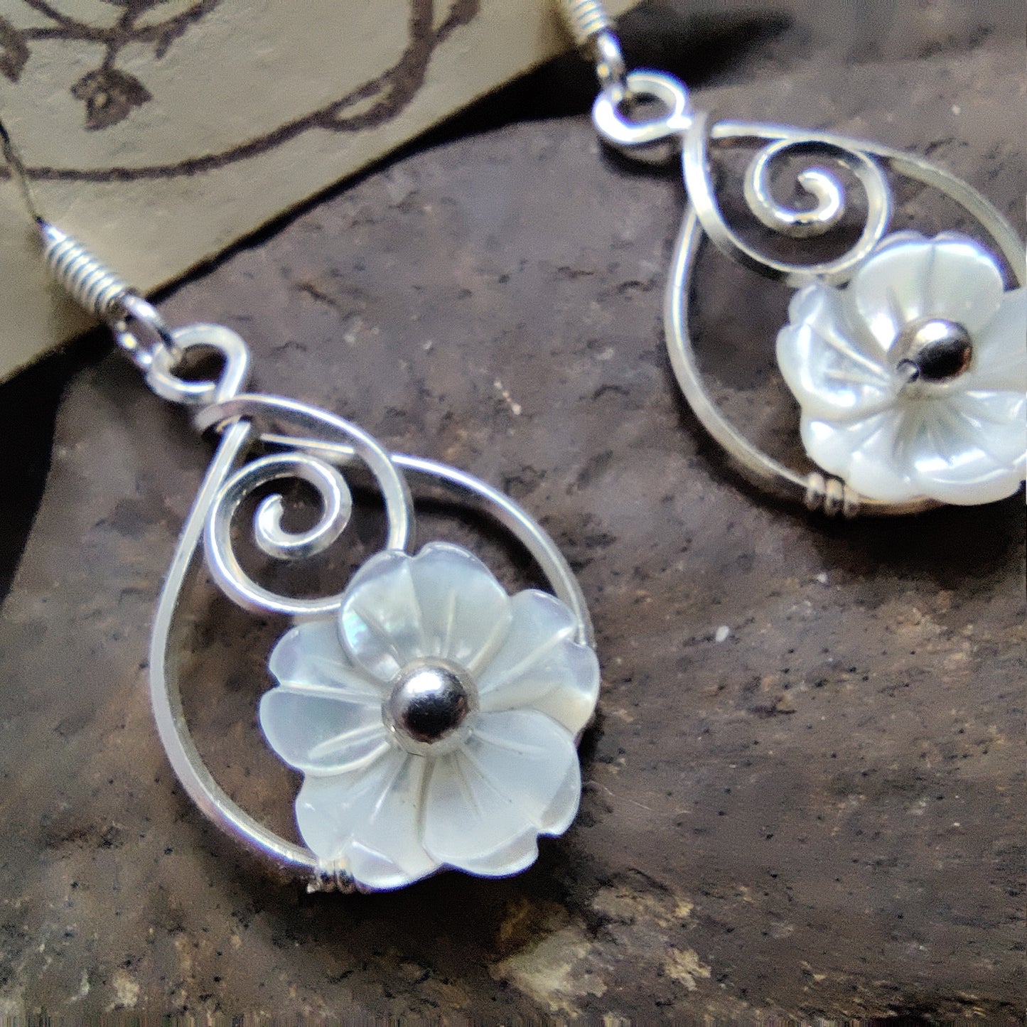 Teardrop Swirl Earrings in Sterling Silver with White Mother of Pearl Flowers