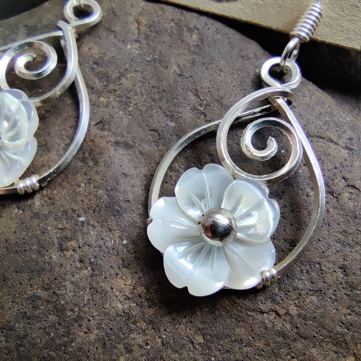 Teardrop Swirl Earrings in Sterling Silver with White Mother of Pearl Flowers