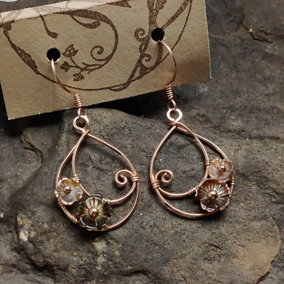 Moondrop Earrings in 14k Rose Gold Fill with Black Mother of Pearl Flowers