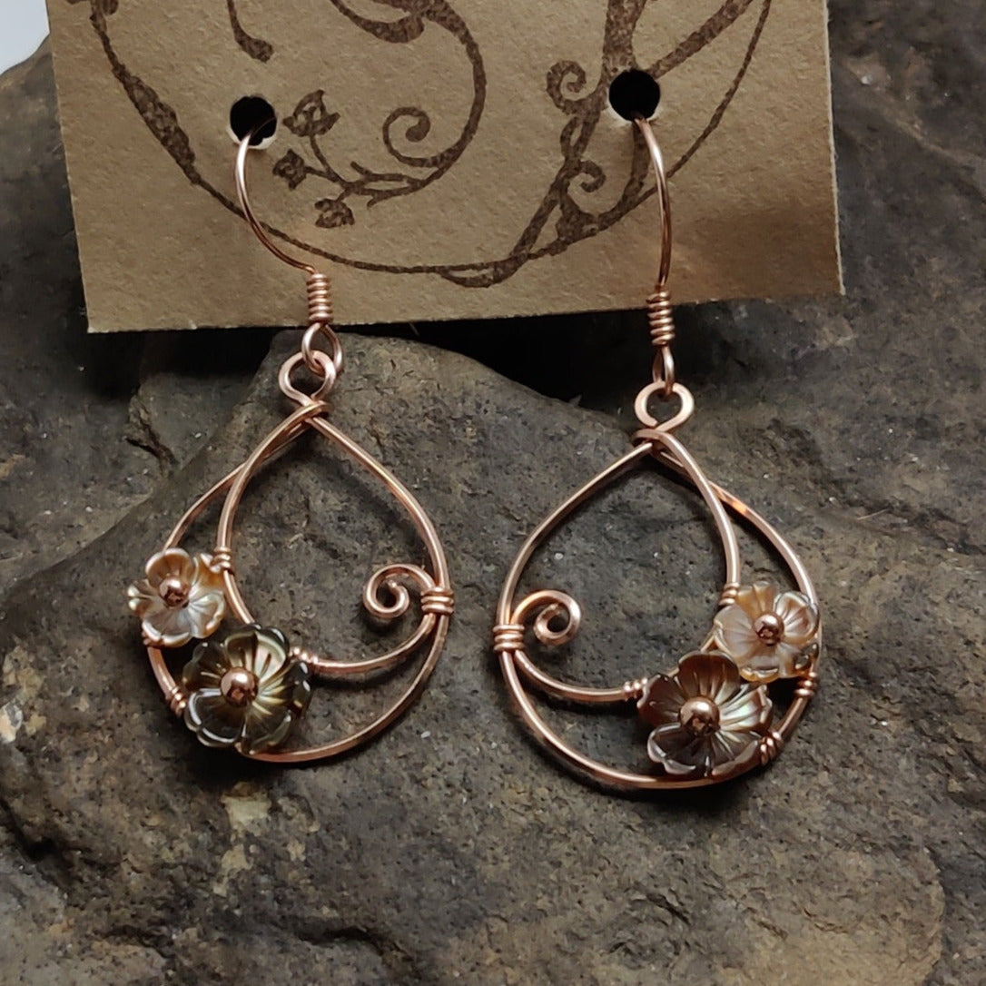 Moondrop Earrings in 14k Rose Gold Fill with Black Mother of Pearl Flowers