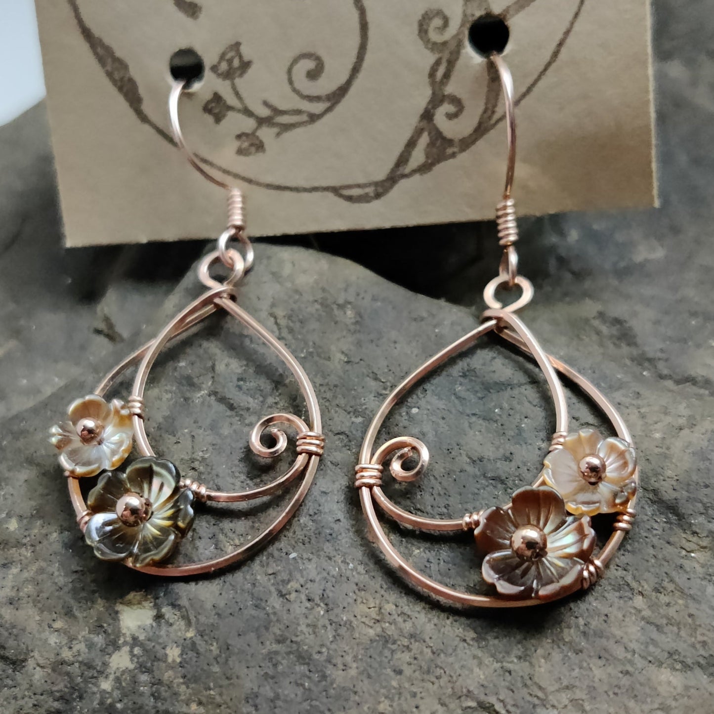 Moondrop Earrings in 14k Rose Gold Fill with Black Mother of Pearl Flowers