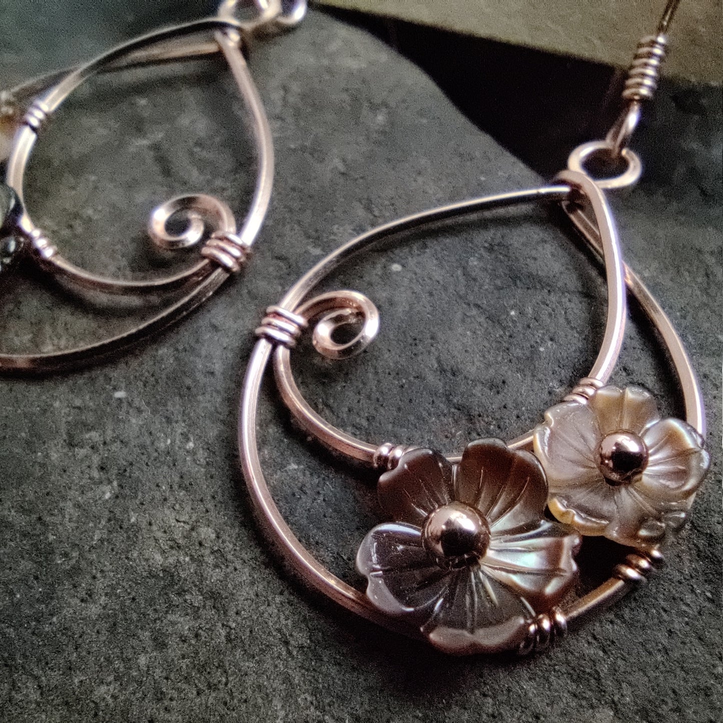 Moondrop Earrings in 14k Rose Gold Fill with Black Mother of Pearl Flowers