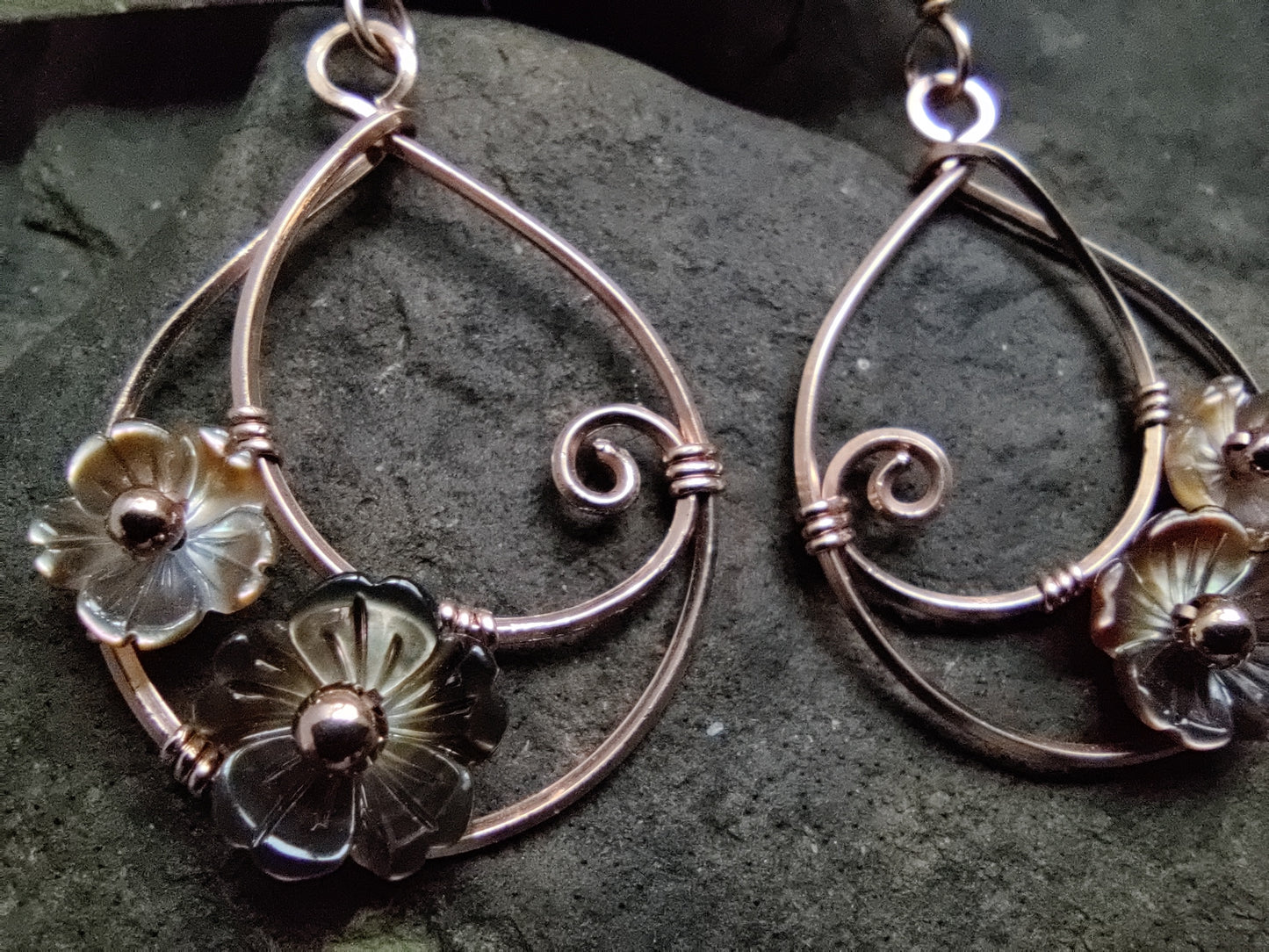 Moondrop Earrings in 14k Rose Gold Fill with Black Mother of Pearl Flowers