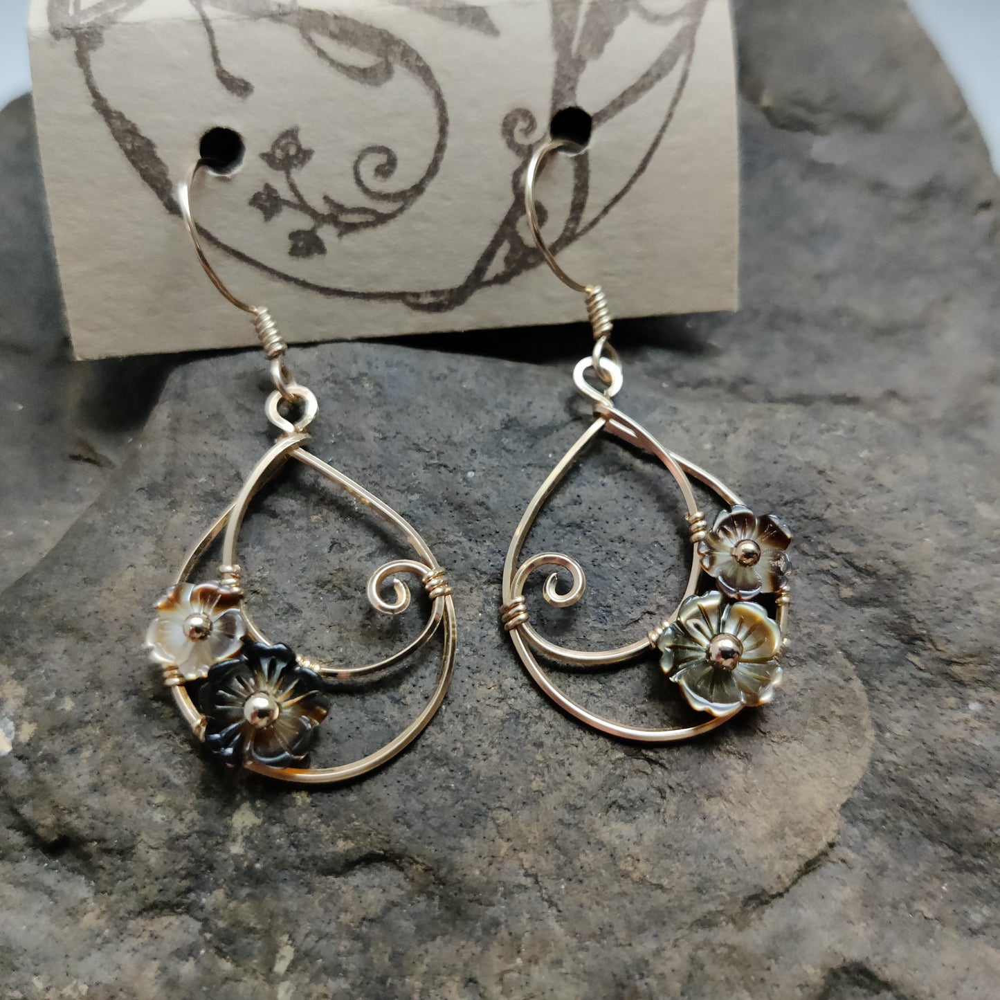 Moondrop Earrings in 14k Gold Fill with Black Mother of Pearl Flowers