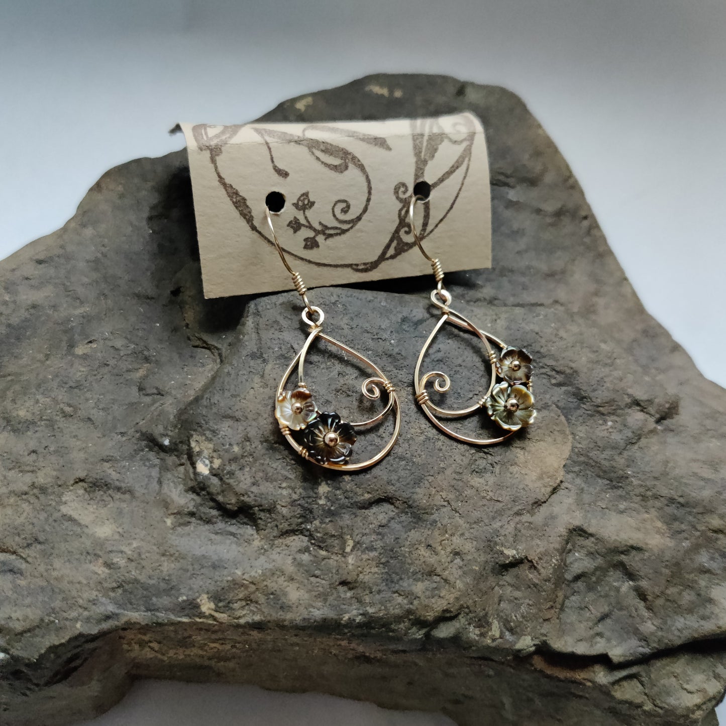 Moondrop Earrings in 14k Gold Fill with Black Mother of Pearl Flowers