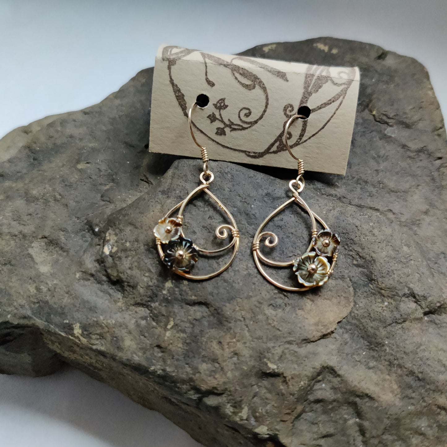 Moondrop Earrings in 14k Gold Fill with Black Mother of Pearl Flowers