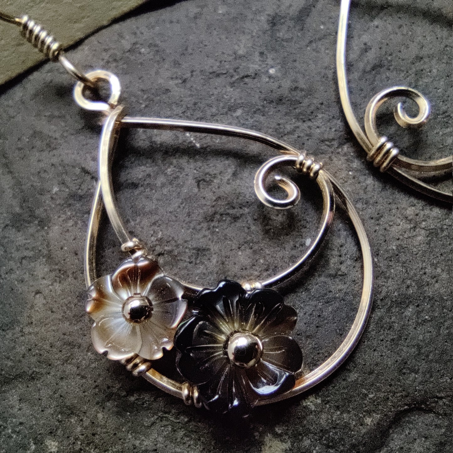 Moondrop Earrings in 14k Gold Fill with Black Mother of Pearl Flowers