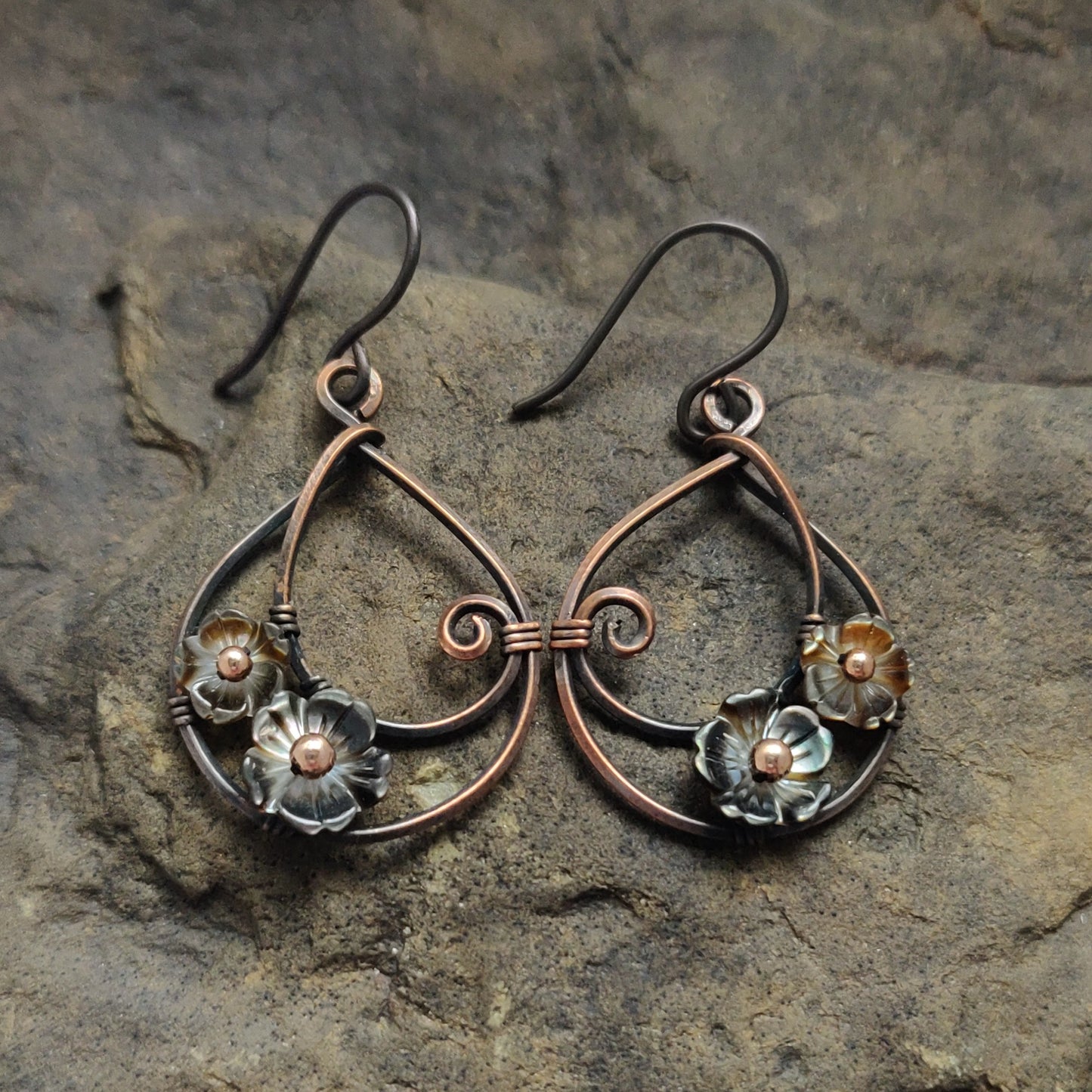 Moondrop Earrings in Antique Copper with Black Mother of Pearl Flowers