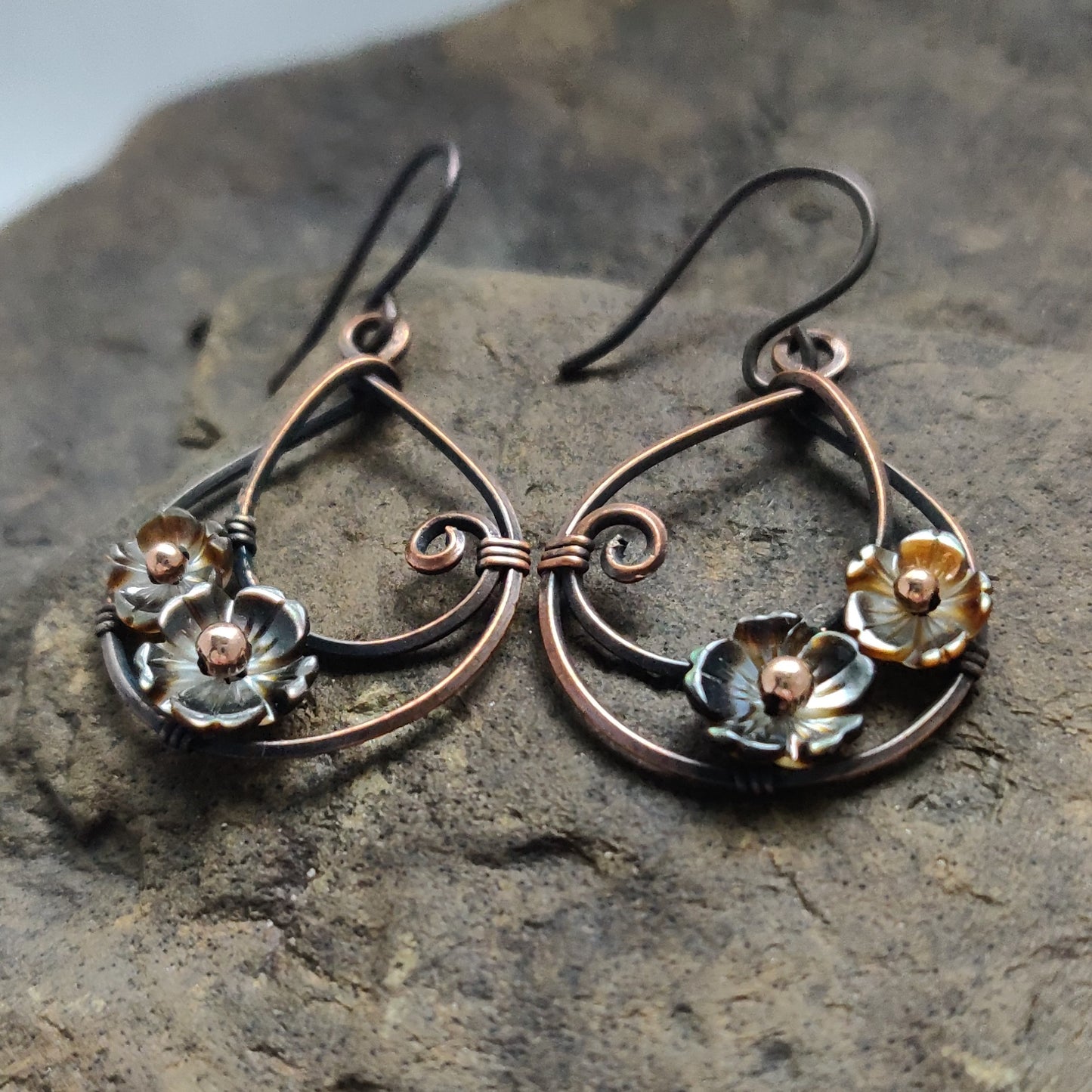 Moondrop Earrings in Antique Copper with Black Mother of Pearl Flowers