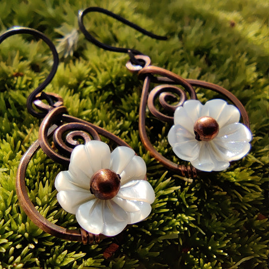 Coriolis Earrings in Antique Copper with White Mother of Pearl Flowers